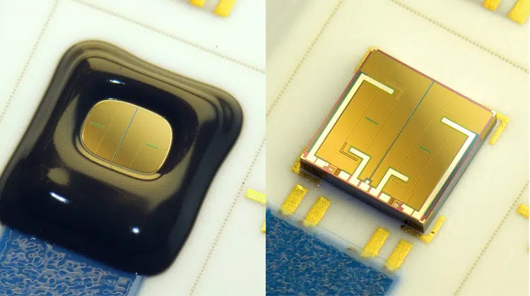 Links: Chip wie zuvor, chemisch inert verkapselt. Rechts: Chip mit zwei individuellen ISFETs in jeweils einer n-Wanne, gebondet auf einer Keramikplatine. | Bild: Fraunhofer IPMS